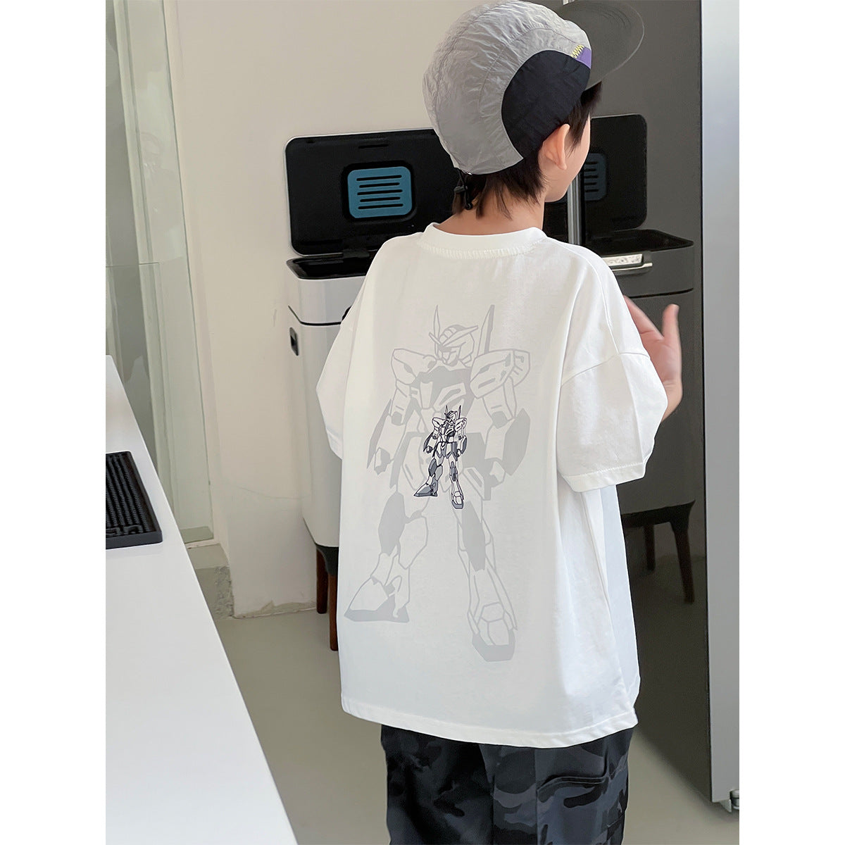 Children's Top Cartoon Diamond Printed Round Neck Pullover Casual Loose Short Children's T-shirt