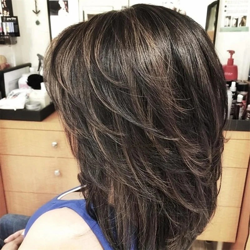 Shawl Mid-length Hair Black Gray Highlight Wig Long Curls