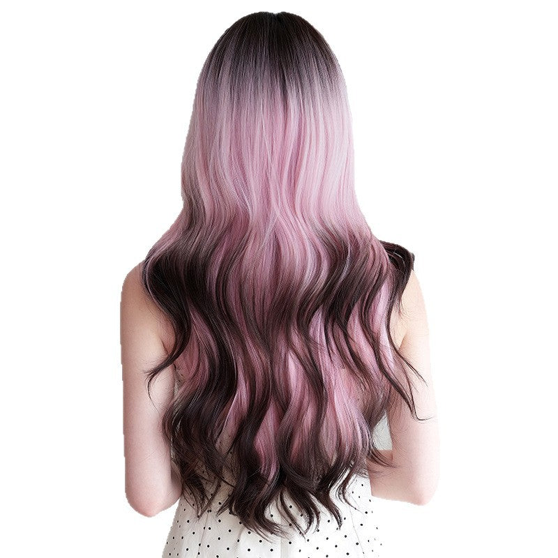 Women's Coffee Pink Gradient Headgear Chemical Fiber Wig Long Curls