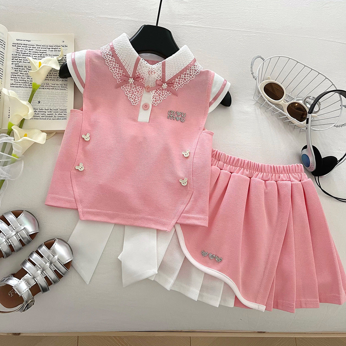 Summer Lapel Flower Bow Tie Vest Top Lace Skirt Children's Suit