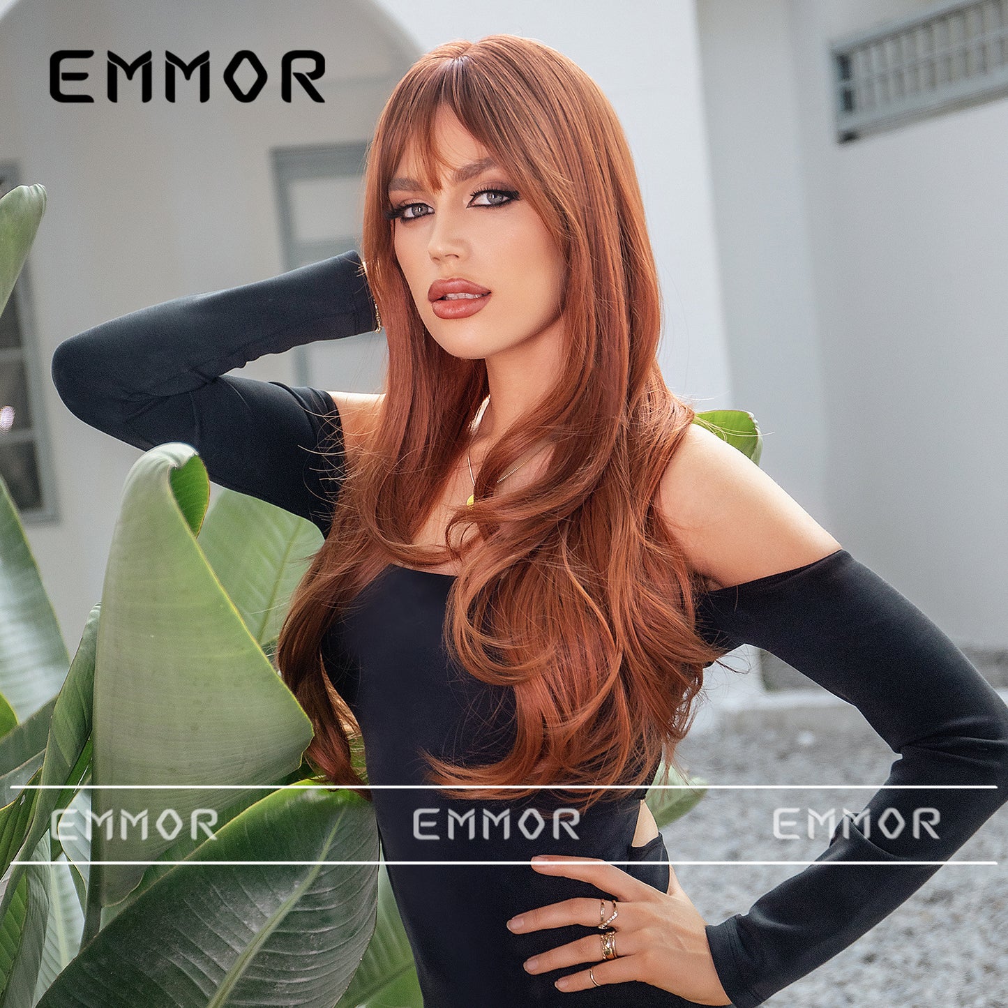 Bangs Dirty Orange Gradient Curly Hair Wig Long Curls