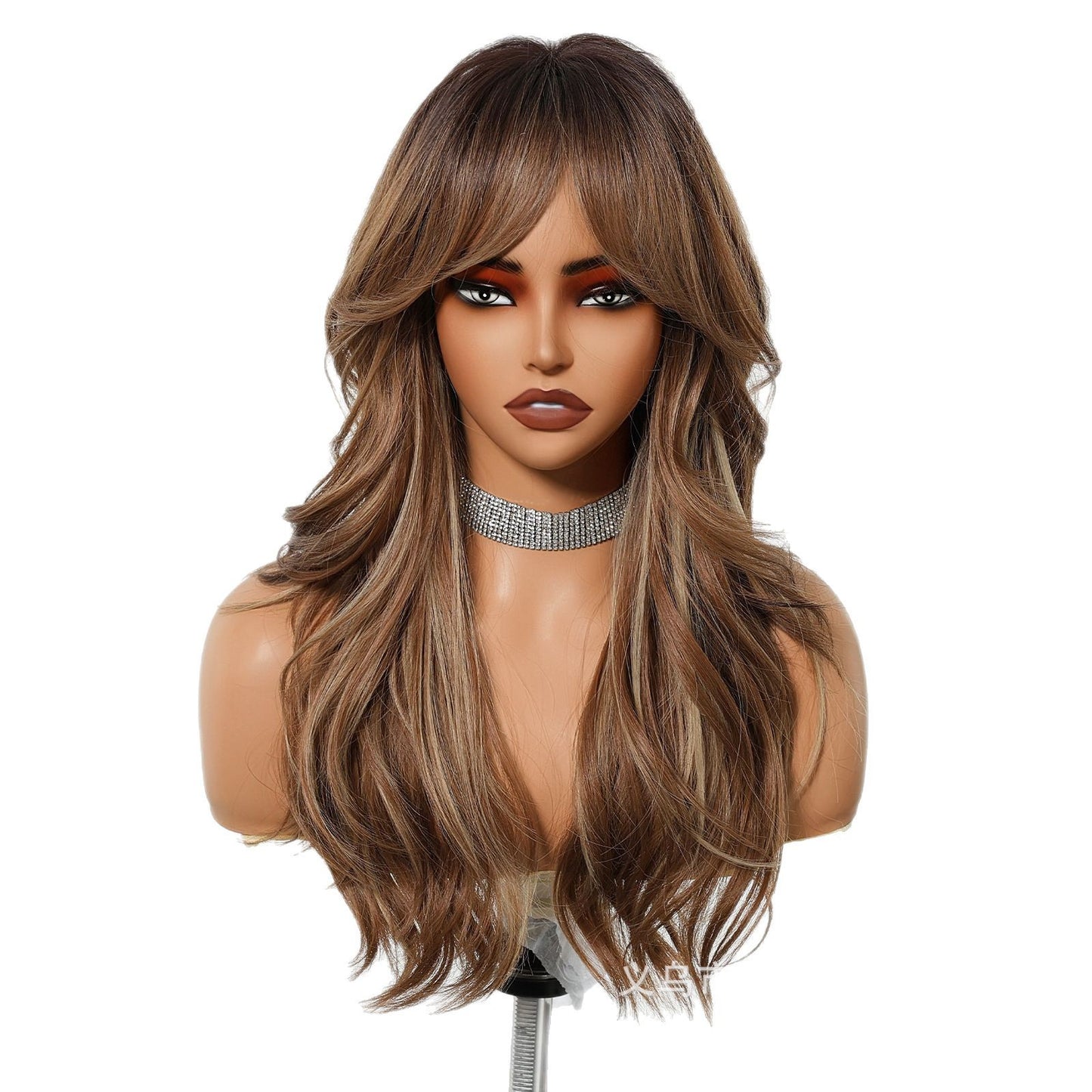 Women's Brown Bangs Curly Daily High Quality Chemical Wig Long Curls