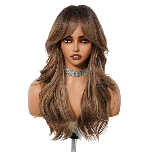 Women's Brown Bangs Curly Daily High Quality Chemical Wig Long Curls
