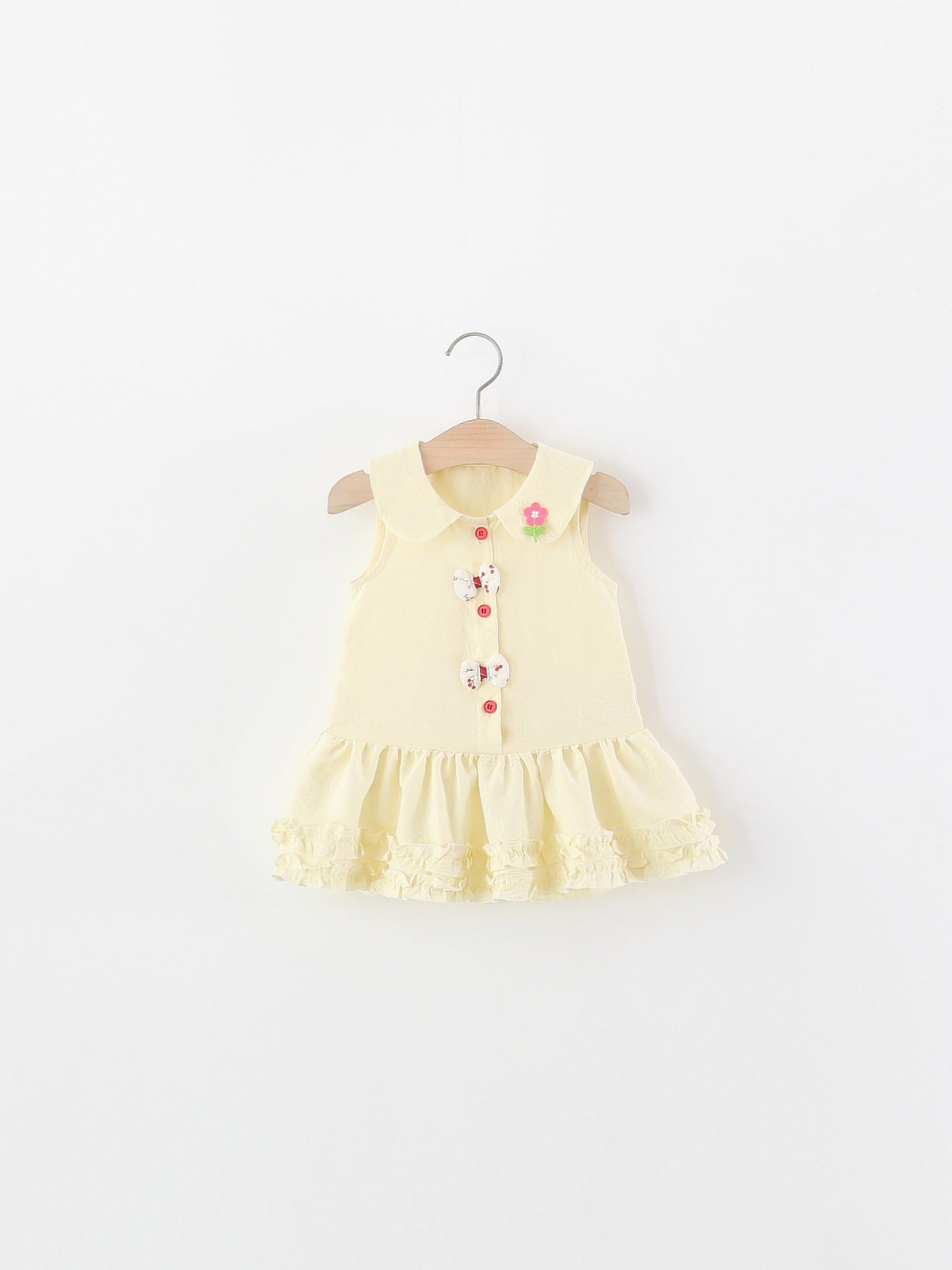 Children's Summer Solid Color Peter Pan Collar Flower Bow Tie Cotton Children's Dress