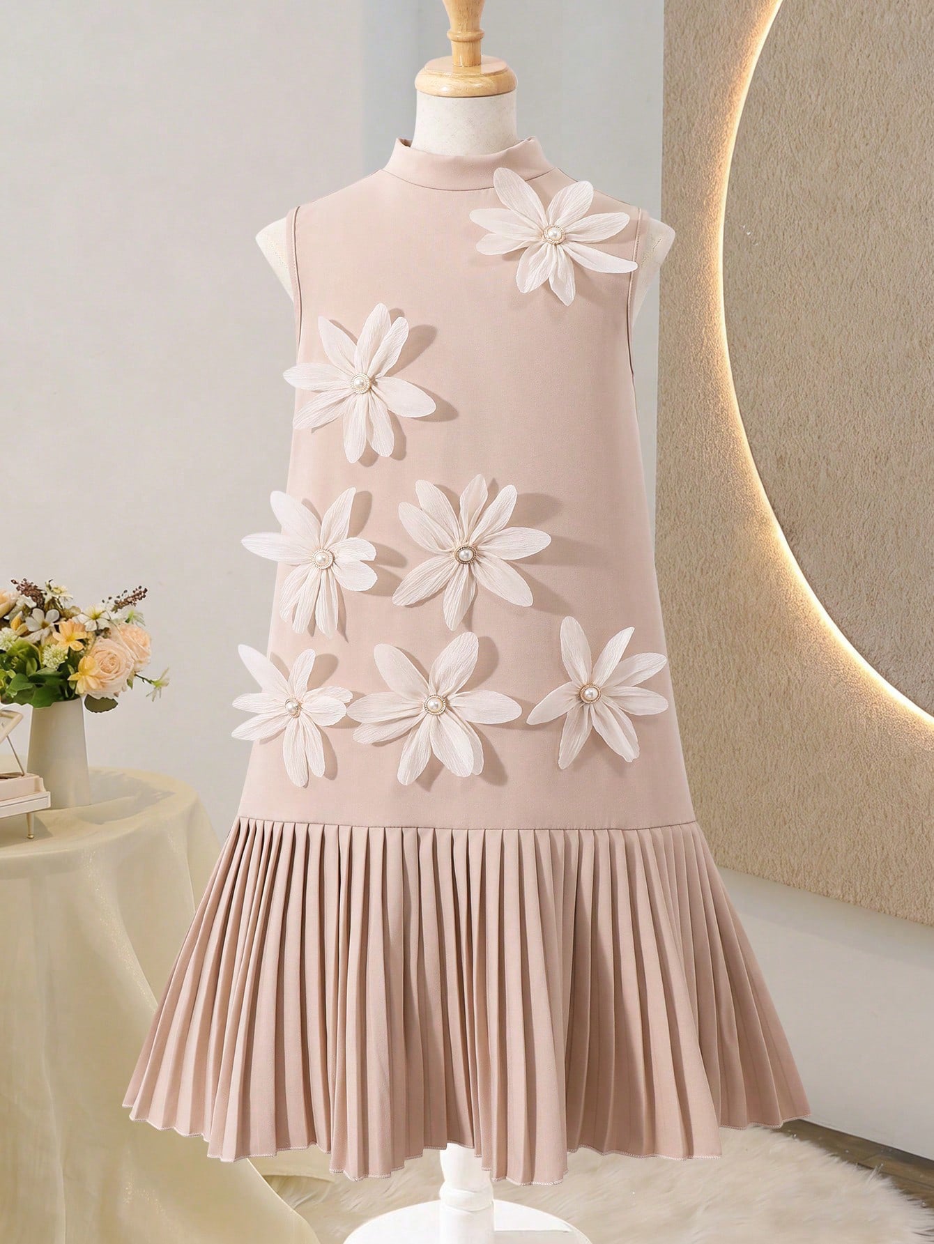 Children's Korean Style Clothing Sleeveless Flower Pleated Skirt Big Children's Dress