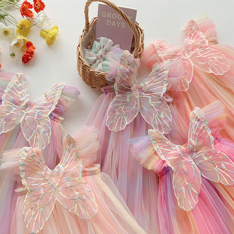 Rainbow Wings Mesh Summer Flounced Sleeve Princess Children's Dress