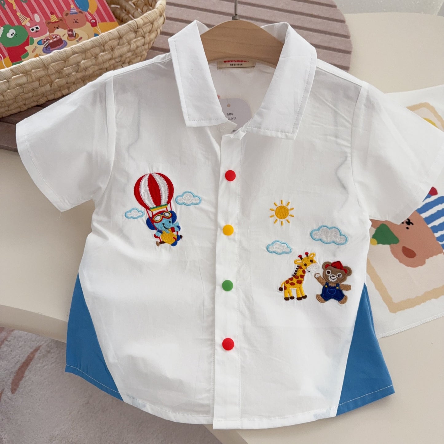 Children's Summer Woven Cotton Boys Lapel Cartoon Children's Shirt