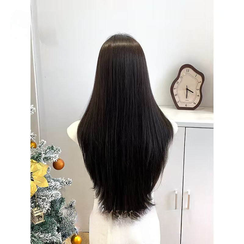 Confession Balloon Female Hair Mid-point Dark Brown Daily Long Straight Wig
