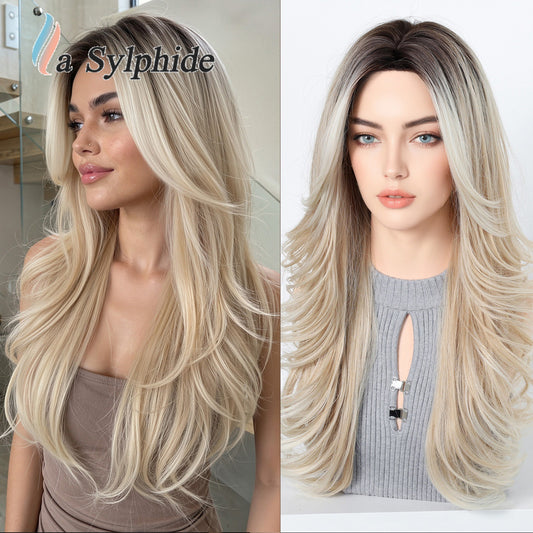 Gradient Bleached Gold Curly Hair Mid-length Bangs Wig Long Curls