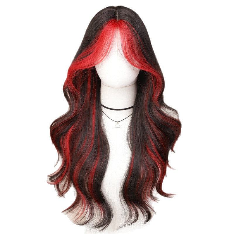 Gradient Color Female Long Curly Hair Head Cover Black Cos Wig