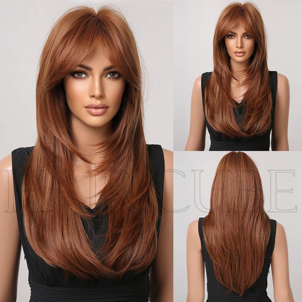 Women's Bangs High-level Gradient Golden Mechanism Long Straight Wig
