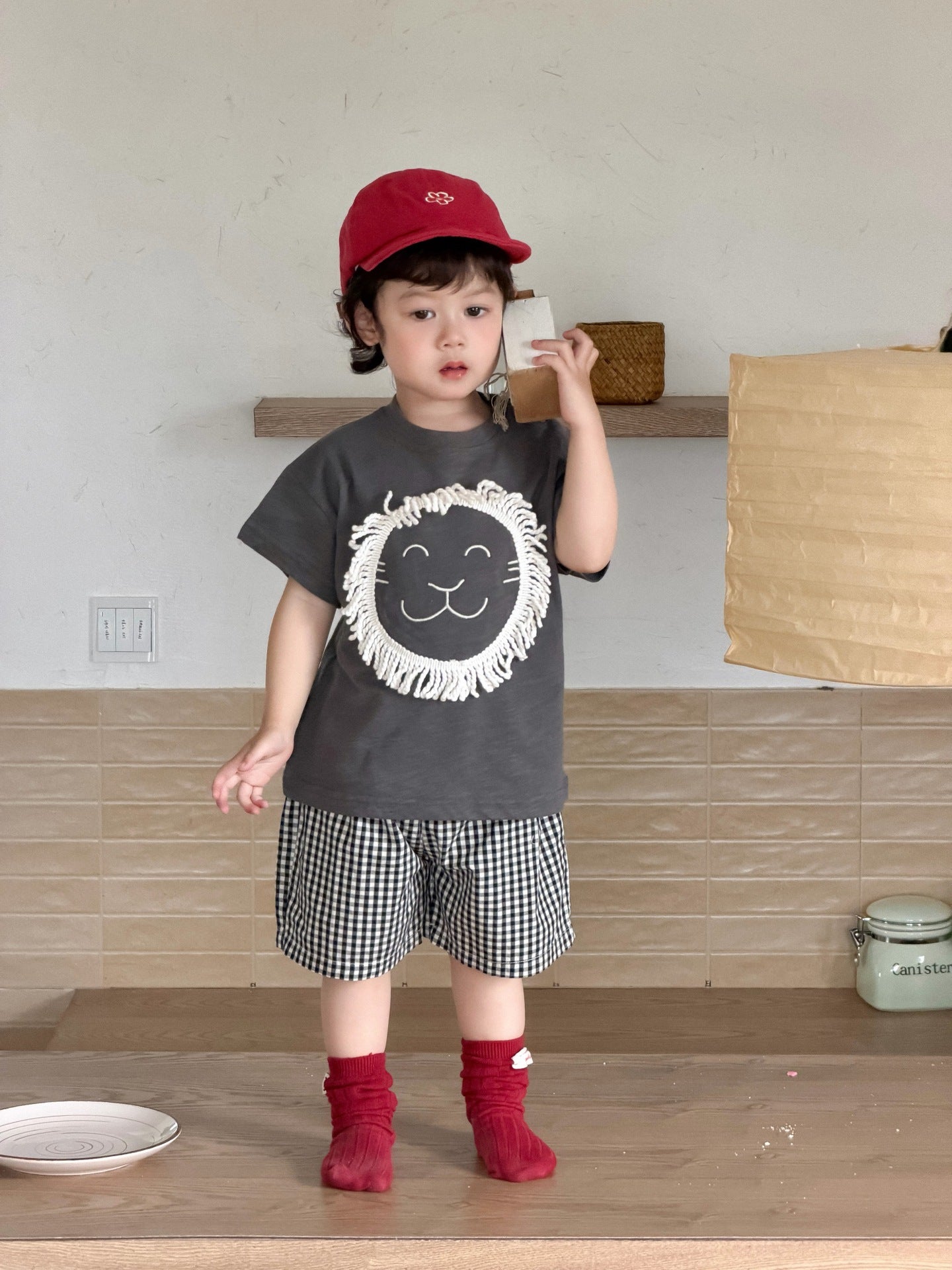 Children's Clothing Summer Clothes Korean Style Cartoon T-shirt Plaid Children's Suit