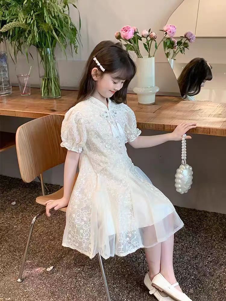 Children's Style Han Costume Summer Cheongsam Puff Sleeve Mesh Children's Dress