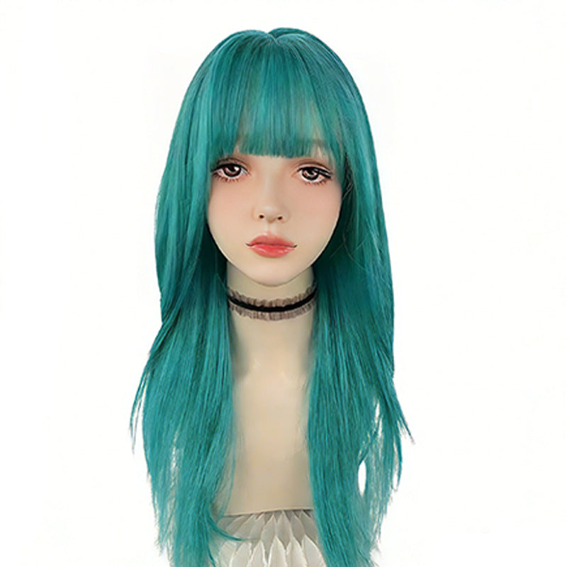 Women's Green Hair Full Top Simulation Invisible Long Straight Wig