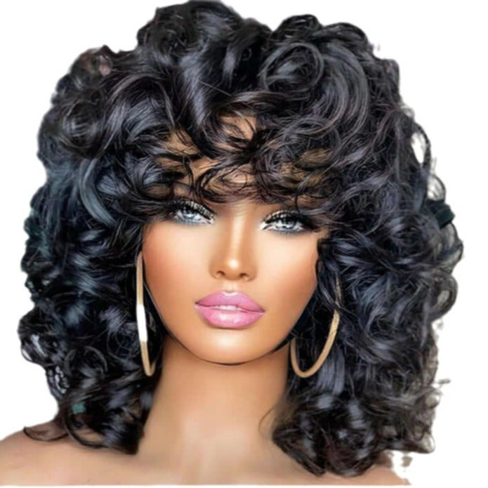Short Curly Hair Fluffy Fiber Black African Small Curling Iron Long Straight Wig