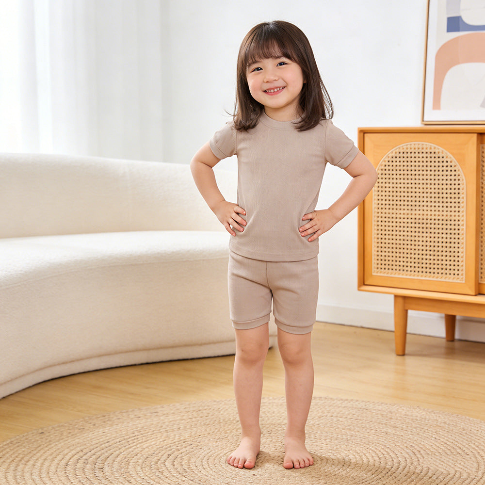 Children's Sunken Stripe Thin Candy Home Wear Short Sleeve Shorts Two-piece Children's Suit