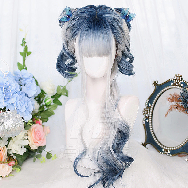 Daily Lolita Simulation Scalp Soft Highlight Gradient Blue Sier Curly Wig Long Curls