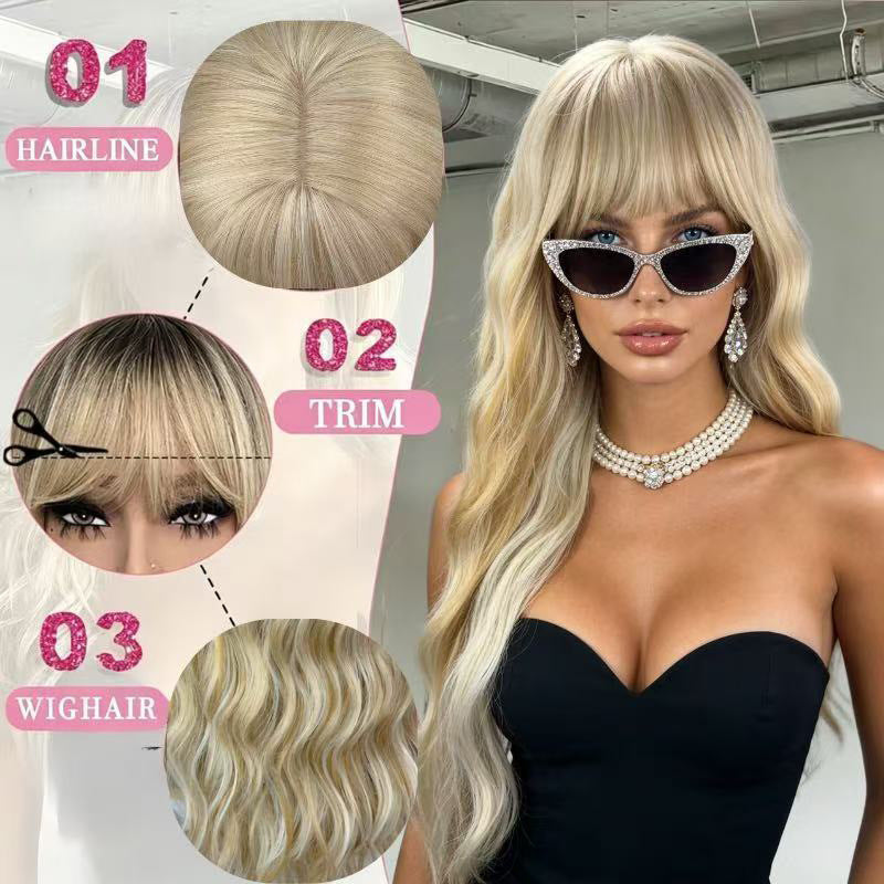 Curly Hair White Gold Color Straight Bangs Big Wave Fluffy Wig Long Curls