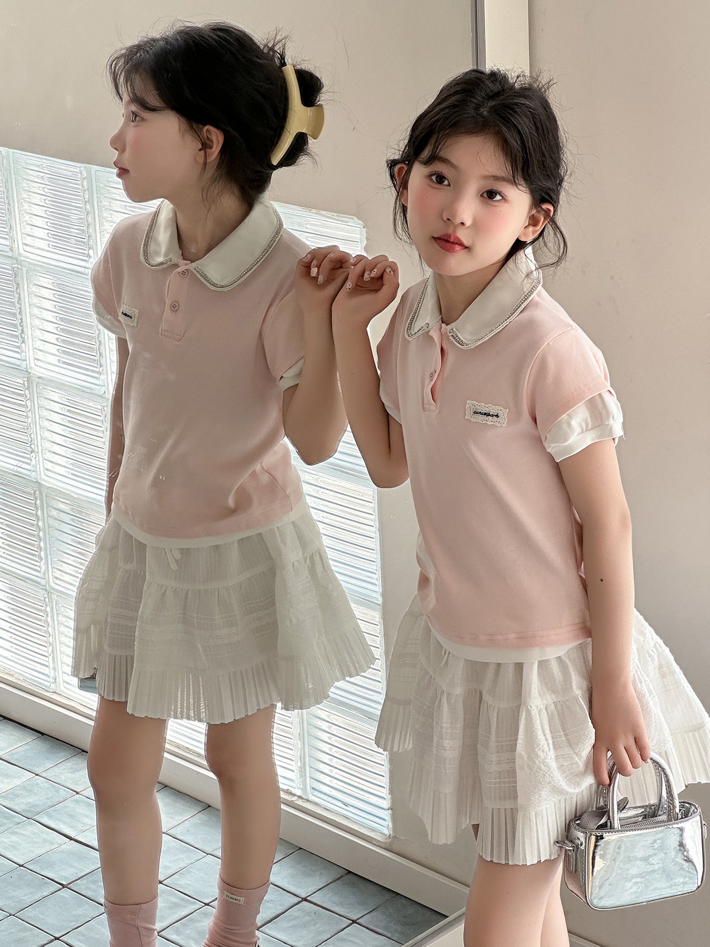 Sweet Set Summer Middle Big Fake Two-piece Shirt Skirt Children's Suit