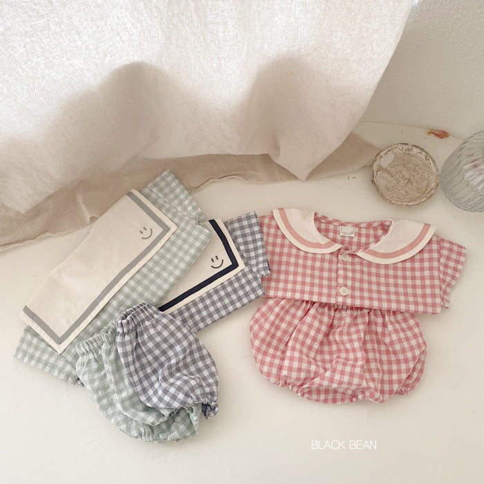 Style Infant Refreshing Plaid Academy Short Sleeve Bulky Underpants Born Children's Suit