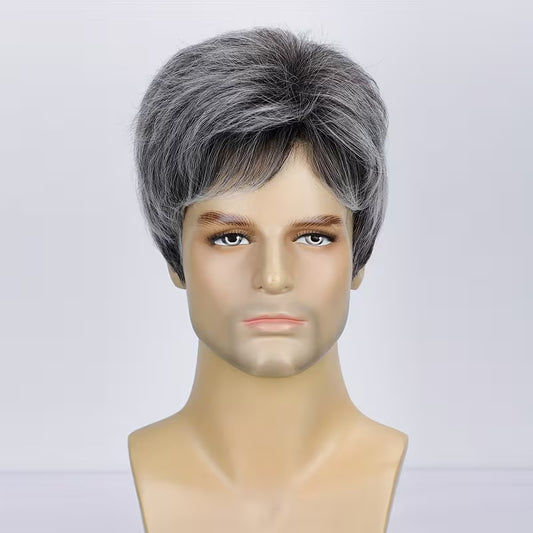 Men's Gray White Partial Fluffy Short Hair Set Fiber Men's Wig