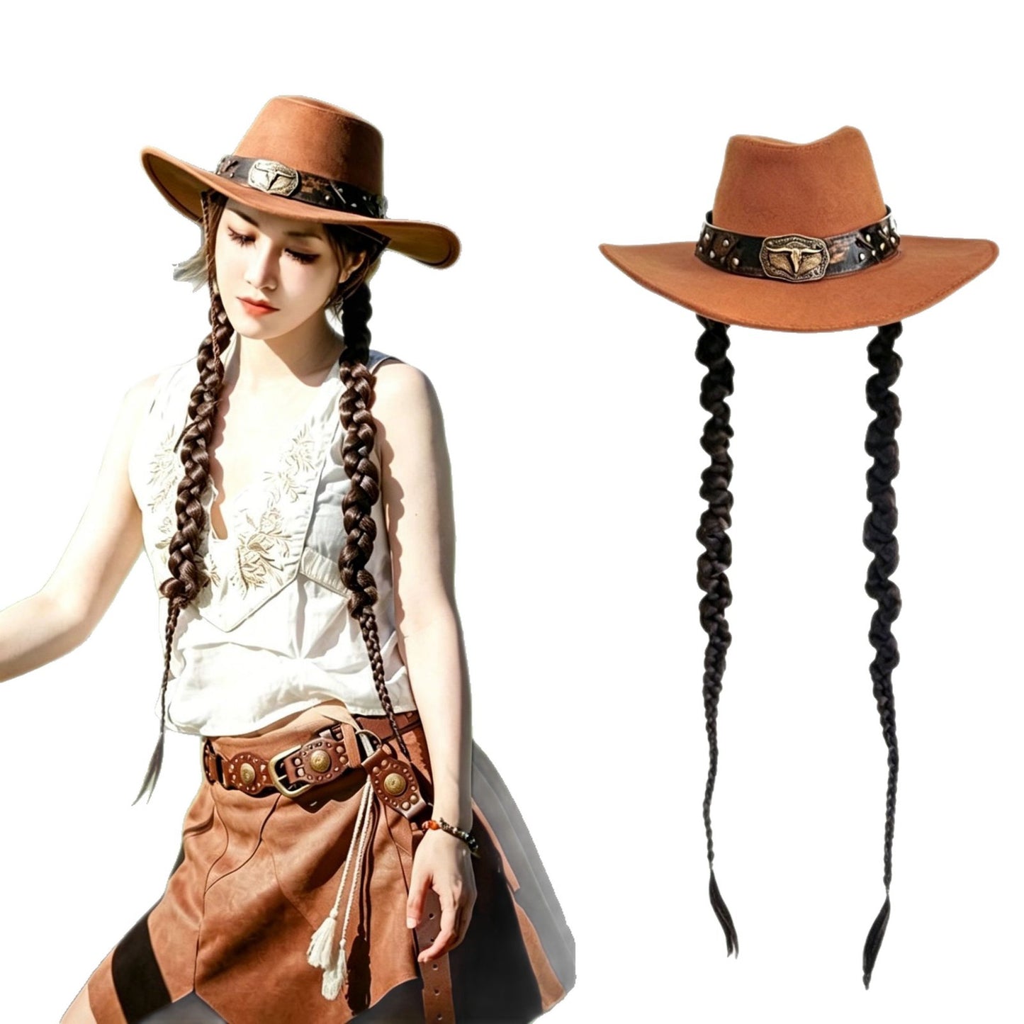 Hat Braid One-piece Ethnic Style Deerskin Suede Large Brim Floppy Other Wig