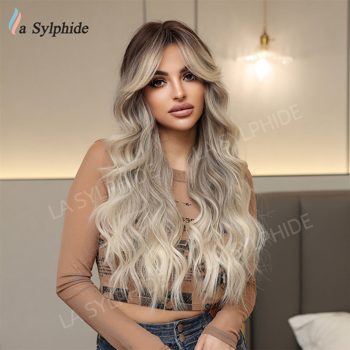 Curly Hair Bangs Natural Golden Brown Wig Long Curls