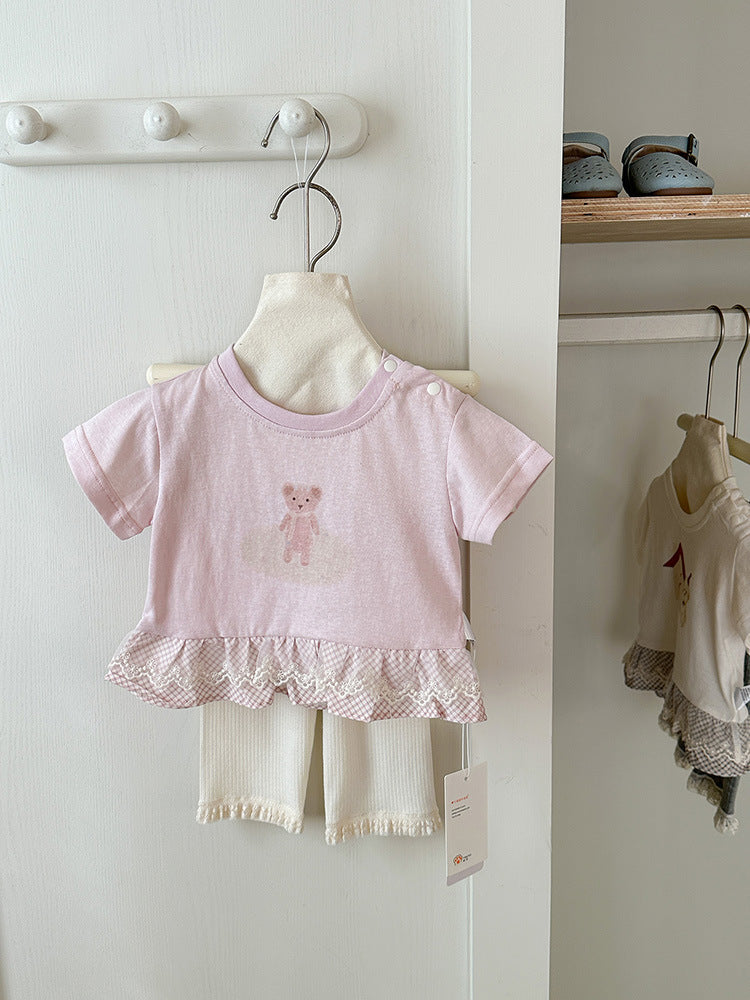 Summer Infant Cartoon Printed Top Sweet Lace Short Children's T-shirt