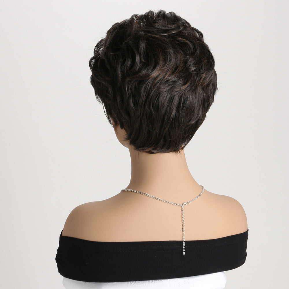 Women's Fashion Fluffy Side Bangs Black Brown Pick Color Wig Short Curly Hair