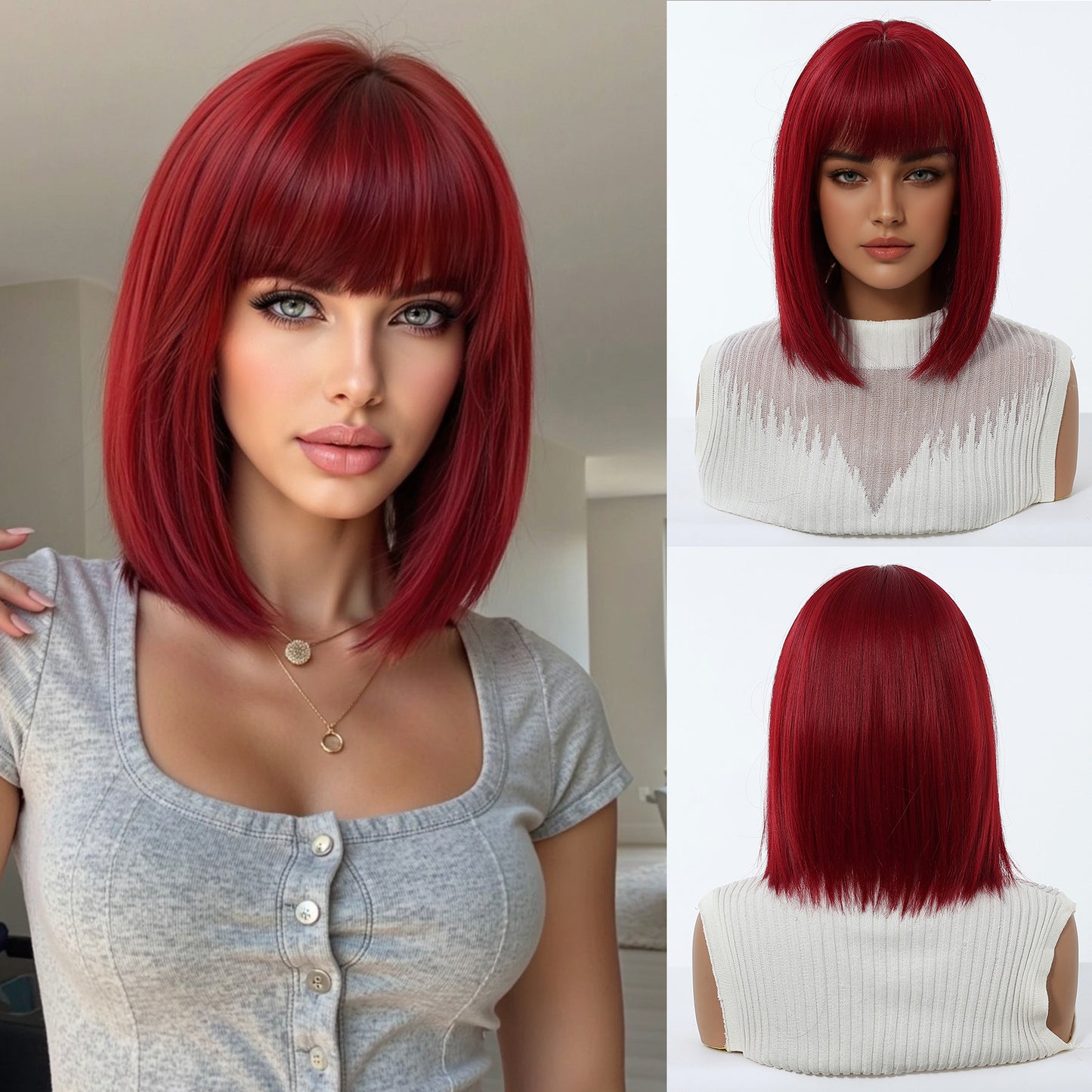 Gradient Brown Highlights Air Bangs Natural Realistic Chemical Fiber Full Wig Short Straight Hair