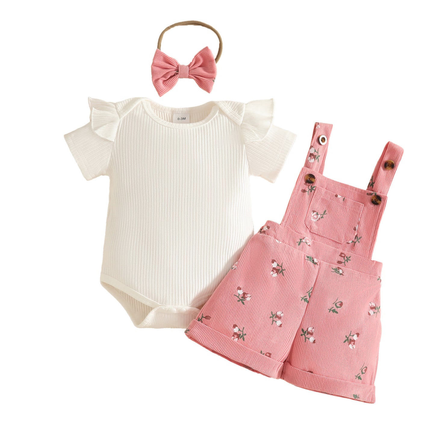 Summer Sunken Stripe Ruffled Short Sleeves Top Corduroy Flower Children's Suit