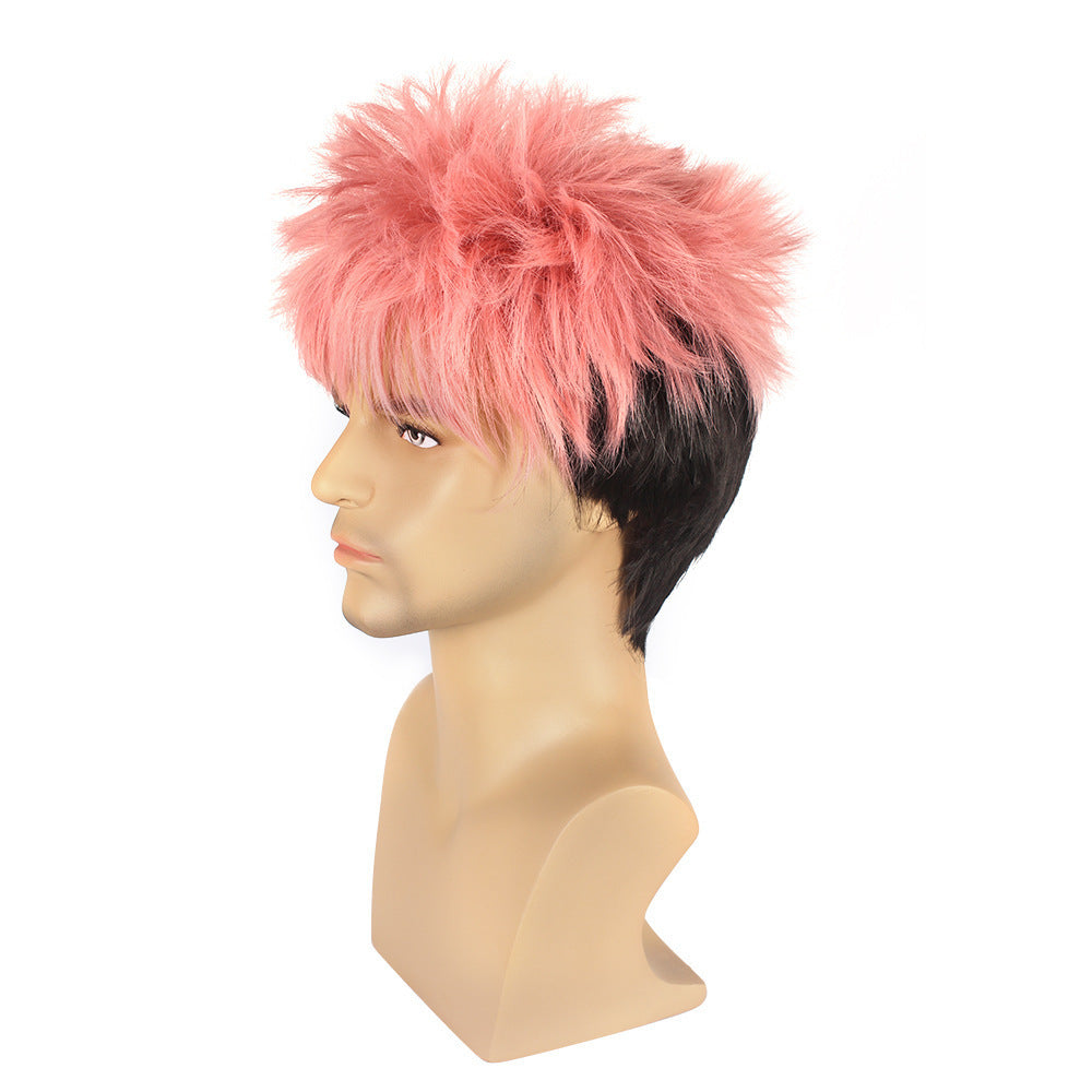 Back Battle Tiger Stick Pink Gradient Black Fluffy Cos Wig