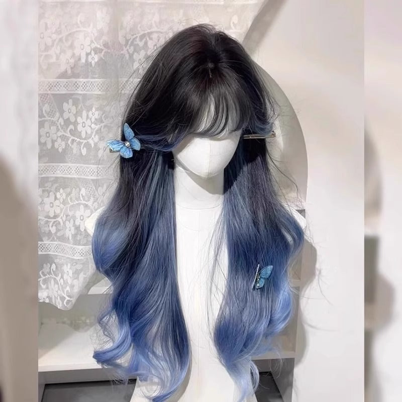 Net Blue Highlight Gradient Straight Bangs Fluffy Natural Long Curly Wig