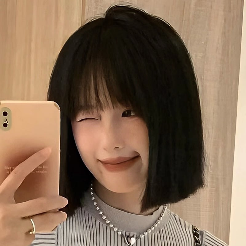 Female Head Light Improving Face Feature Air Bangs Wig Short Straight Hair