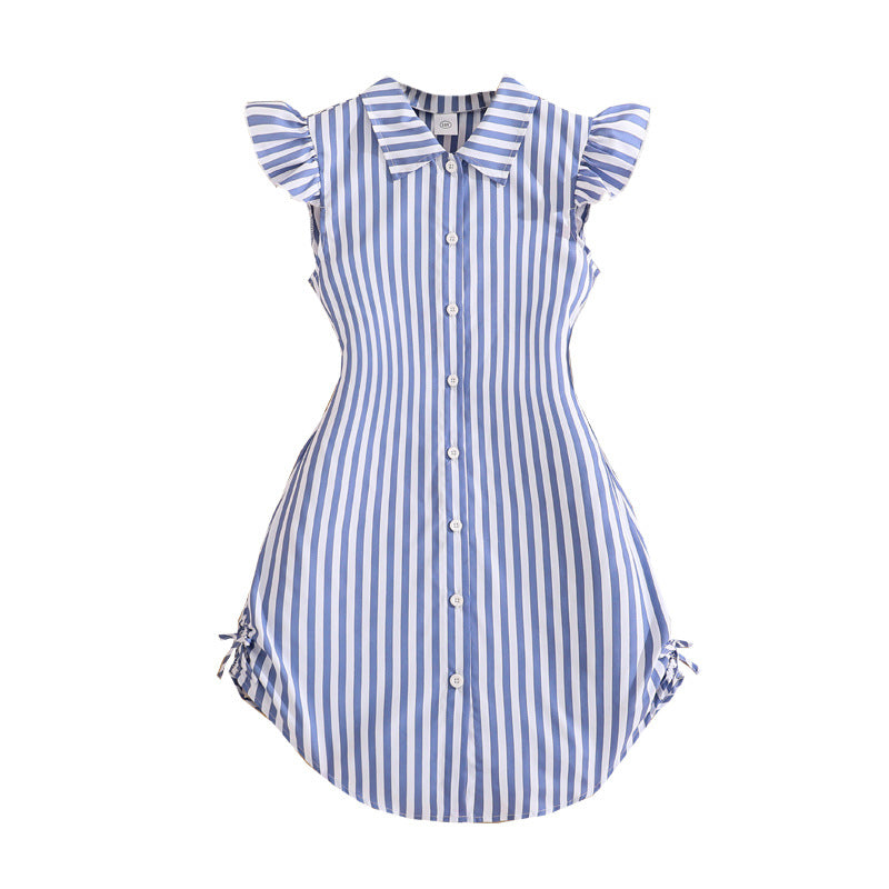 Elegant Striped Flying Sleeves Fitted Waist Children's Dress