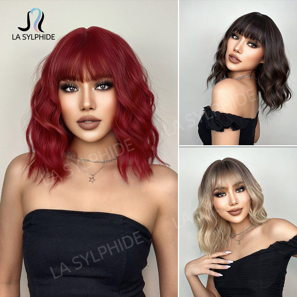 Women's Mechanism Fiber Head Cover Air Bangs Red Wig Short Curly Hair
