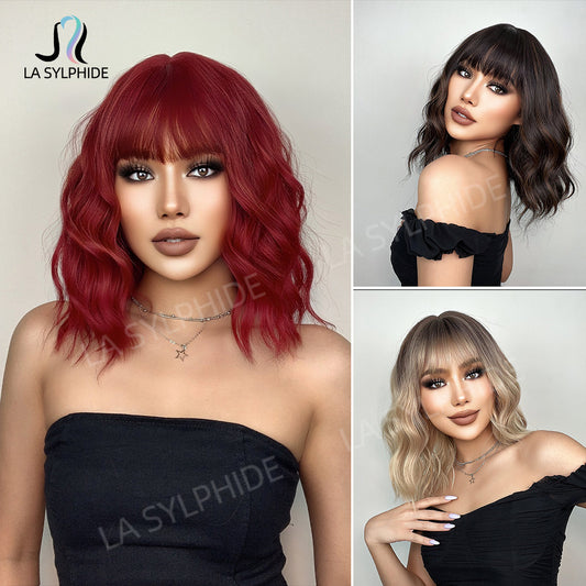Women's Mechanism Fiber Head Cover Air Bangs Red Wig Short Curly Hair