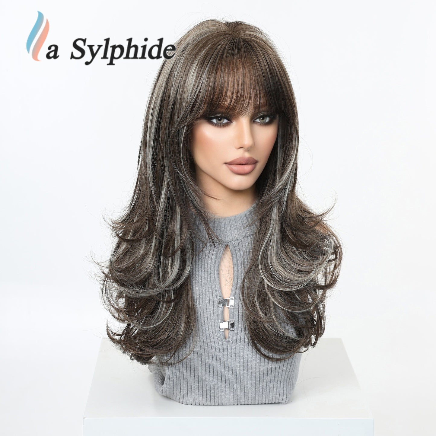Female Brown Sier Gray Dyed Curly Hair Wig Long Curls