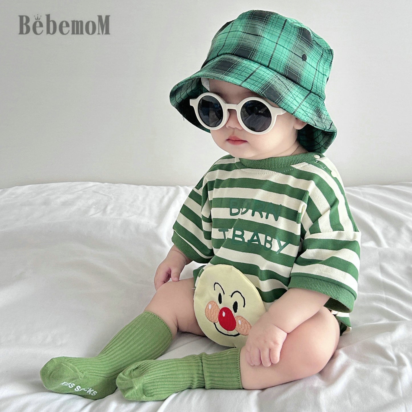 Women's & Men's Triangle Rompers Cotton Green Striped Smiley Jumpsuit, Climbing Suit