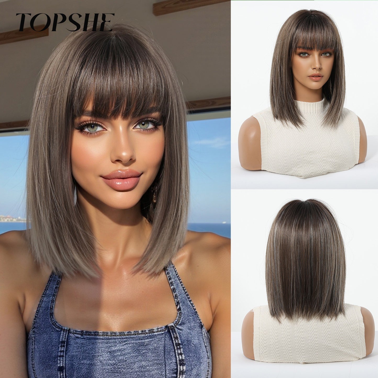 Female Clavicle Gradient Gold Simulation Scalp Wig Short Straight Hair