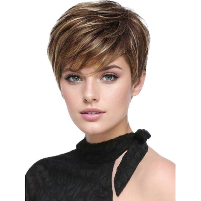 Women's Side Bangs Brown Golden Color One Piece Fiber Wig Short Curly Hair