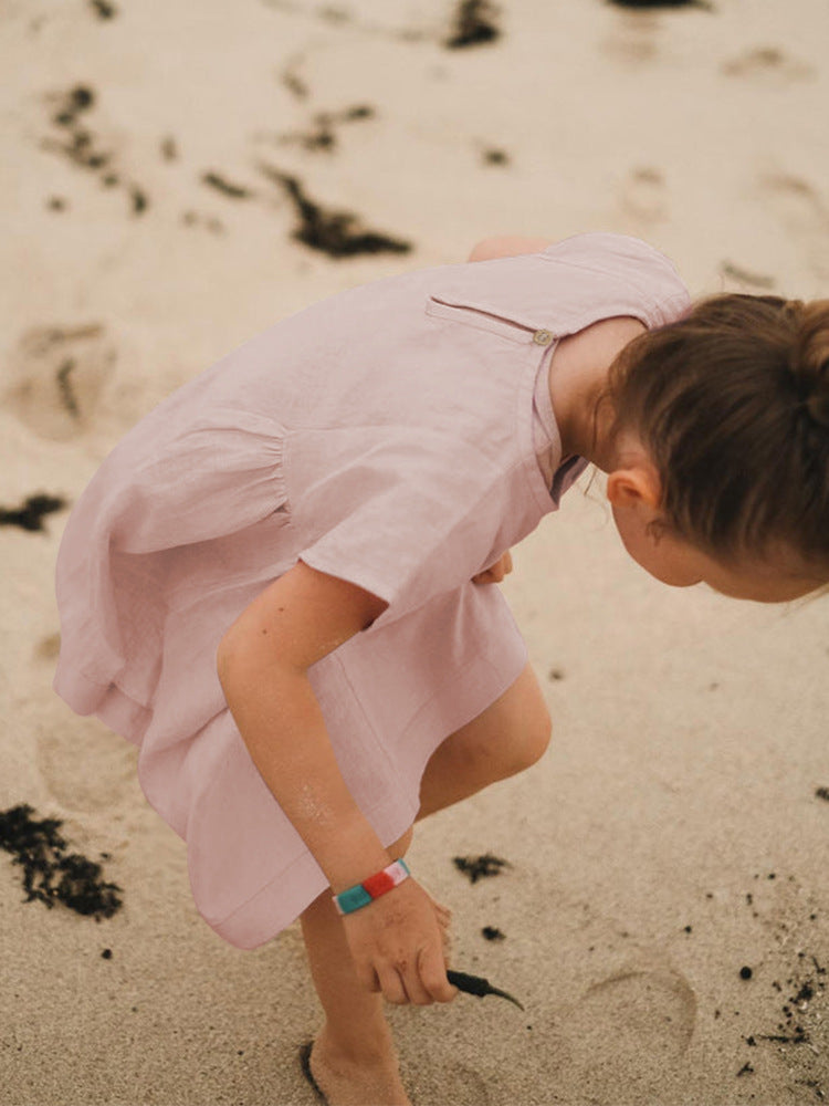 Women's Promotion High Quality Pure Linen Casual Vacation Short-sleeved Skirt Round Children's Dress