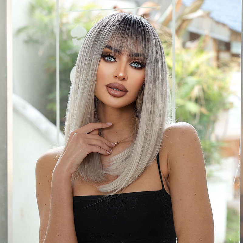Gradient Gray White Mid-length Hair Younger Long Straight Wig
