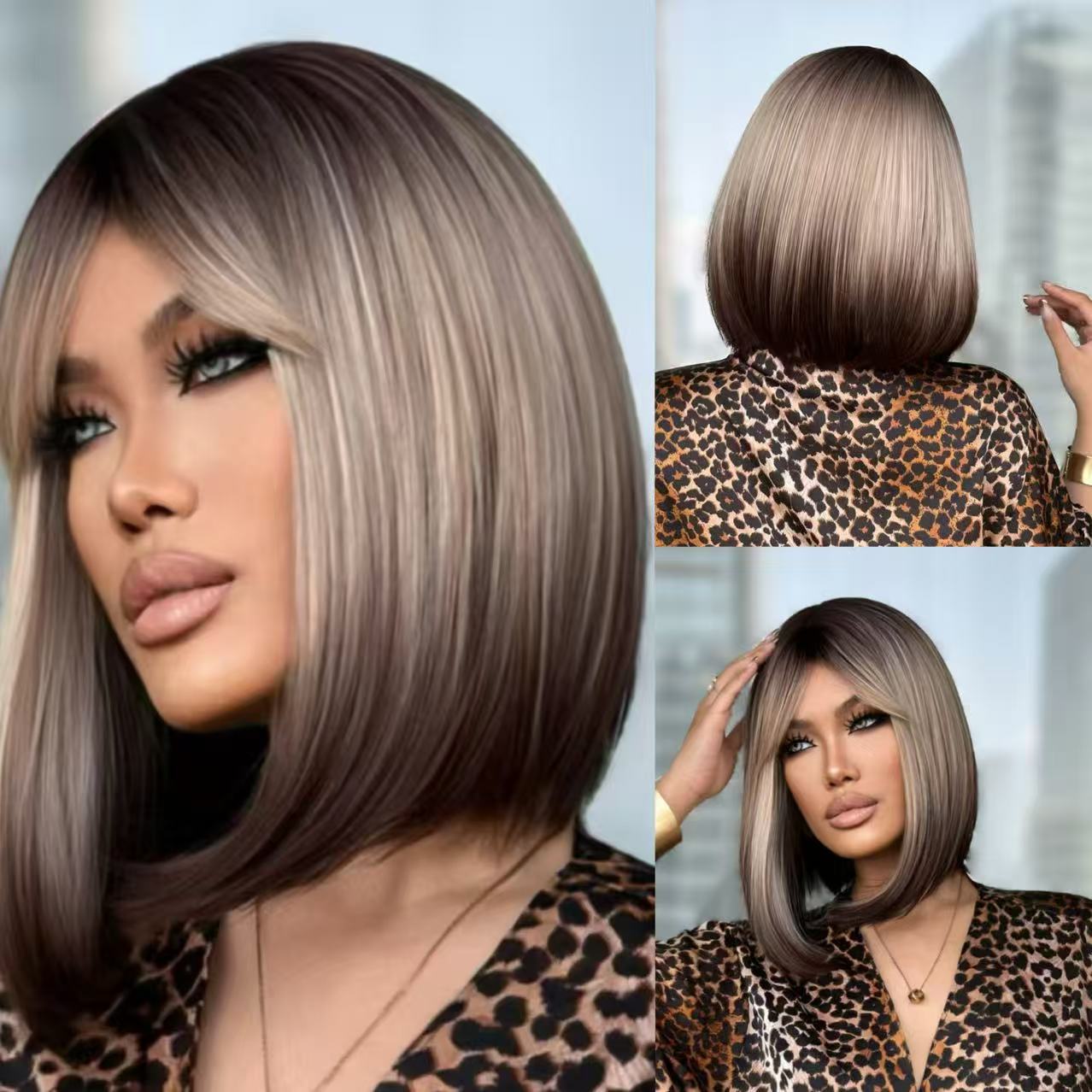 Women's Nordic Bangs Full Gradient Head Wig Short Straight Hair