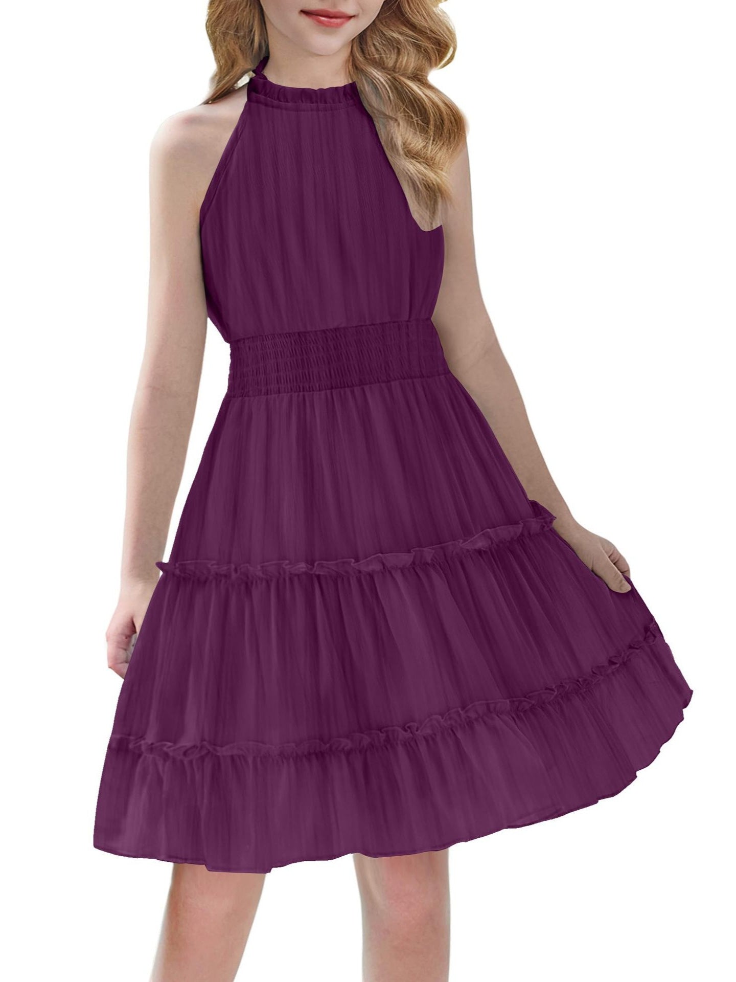Solid Color Pleated Sleeveless Simple Temperament Commute Elegant Children's Dress