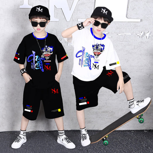 Children's Summer Short Sleeve Medium Large Western Style Cool Handsome Boy Children's Suit