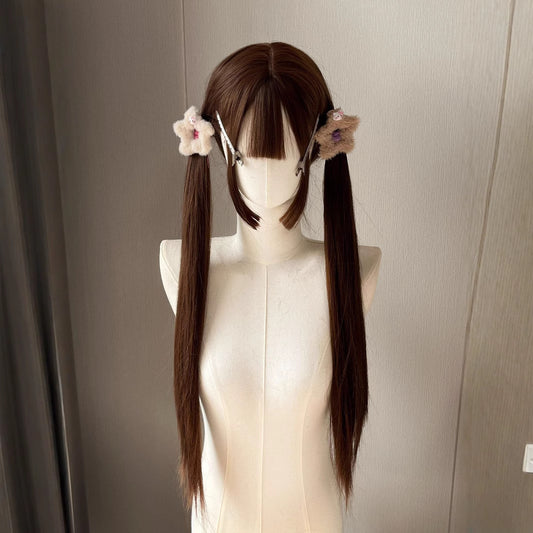 Green Tea Burnt Brown Soft Round Face Princess Cut Matte Long Straight Wig