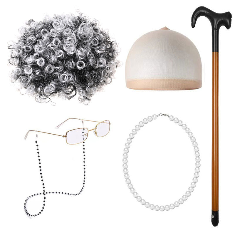 School Day Old Grandma Grandpa Crutches Lady Cos Wig