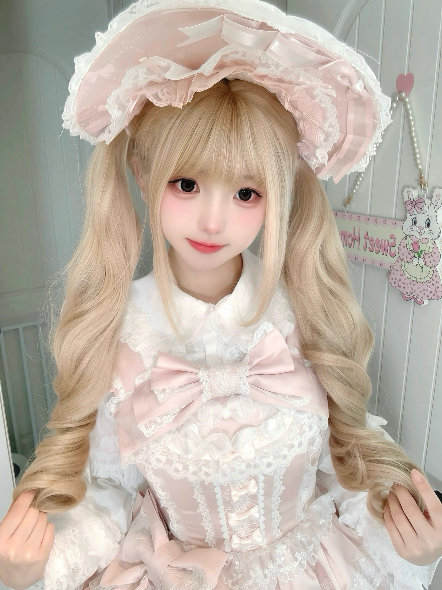 Natural Double Ponytail Straight Bangs Roman Wig Long Curls