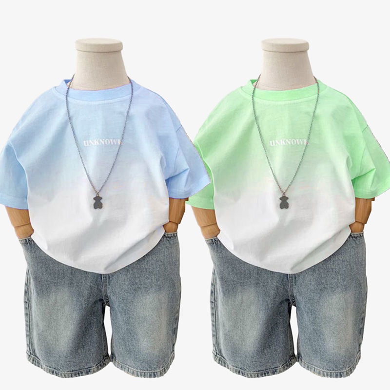 Boys Summer Thin Western Style Pink Gradient Short Children's T-shirt